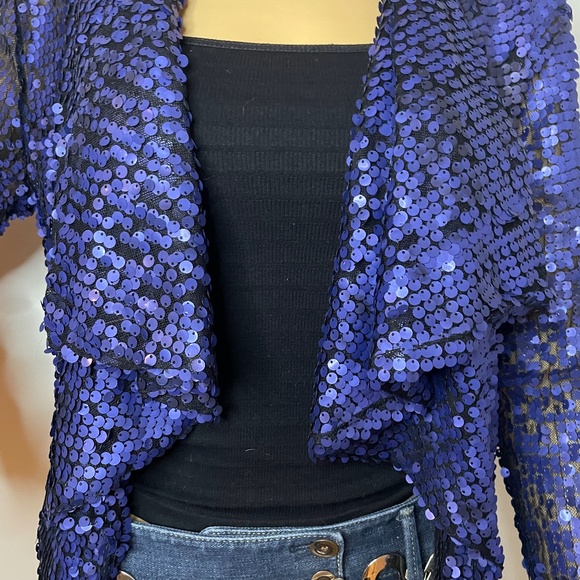 Vintage royal blue sequin layered shawl sweater jacket w ruffles in front 👑 - Picture 5 of 15